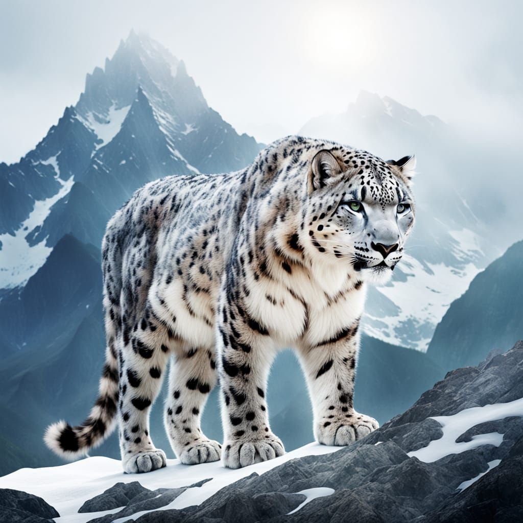 Snow Leopard Double Exposure in Mountain Landscape