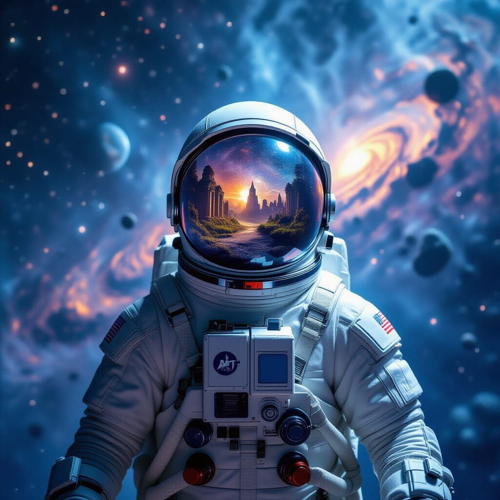 Astronaut in Cosmic Nebula Reflecting Ancient Temple