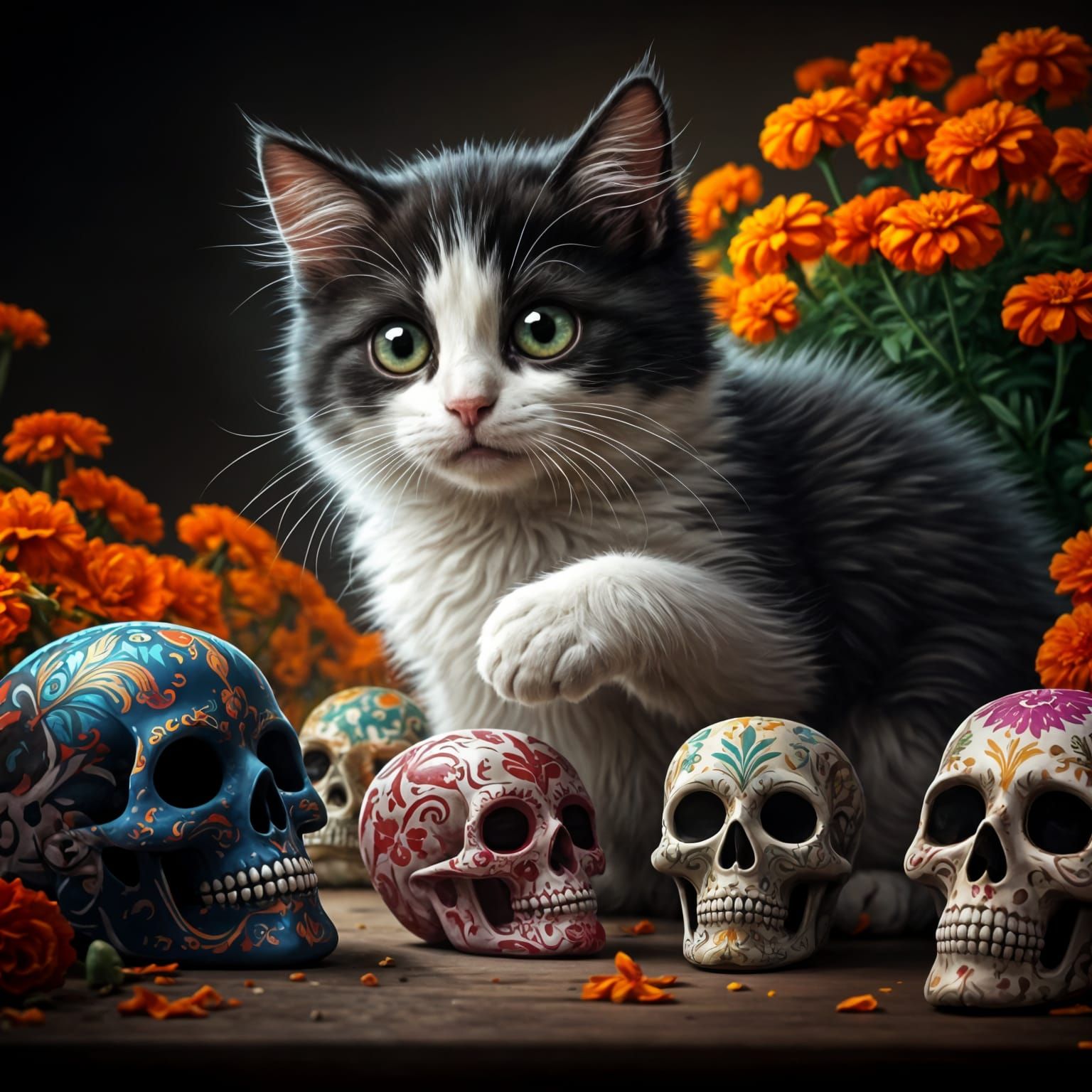 Kitten Plays with Day of the Dead Sugar Skulls