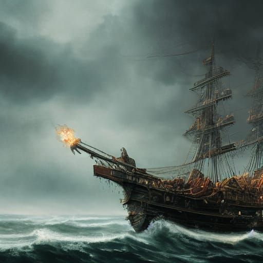 Pirate Ship Battles Kraken in Stormy Seas