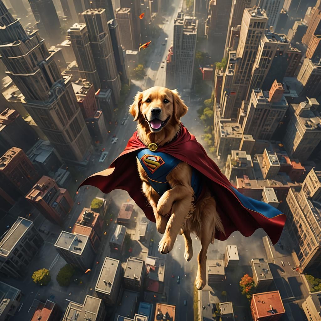 Golden Retriever Superhero Saving a Child
