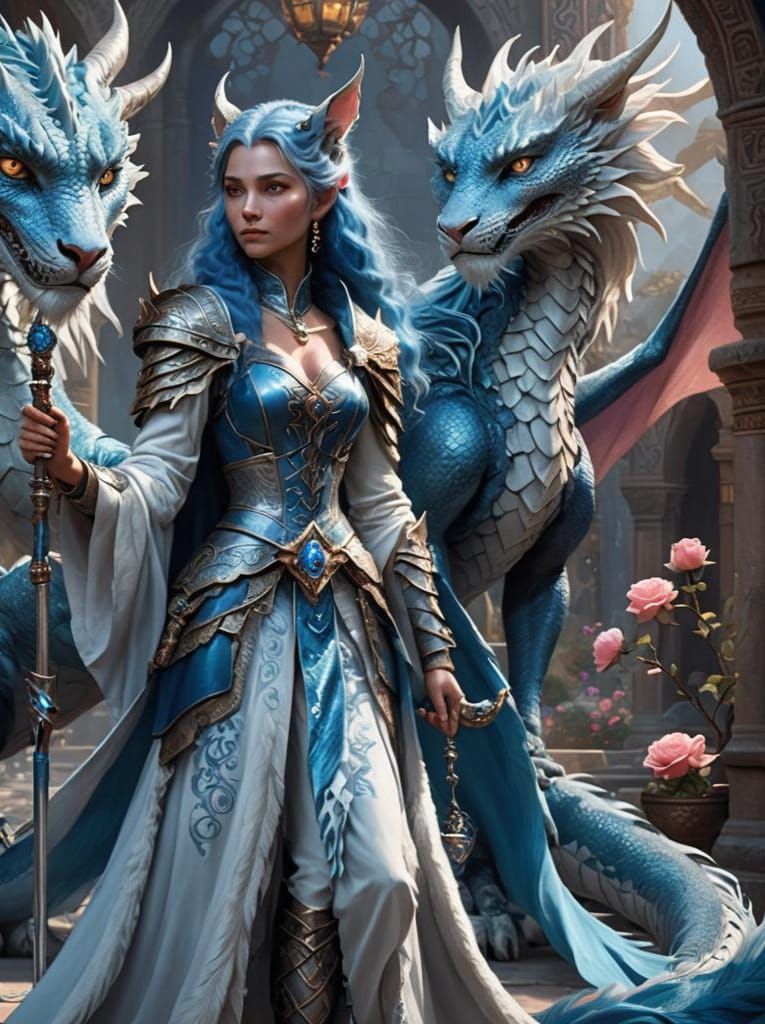 Elegant Blue Catfolk Enchantress with Dragon Pet