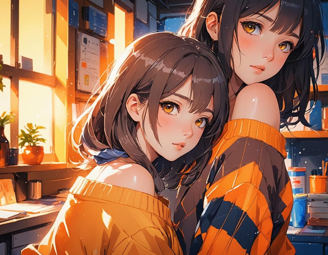 Anime-style digital illustration featuring two young women with large, expressive eyes and soft facial features. Both ha...