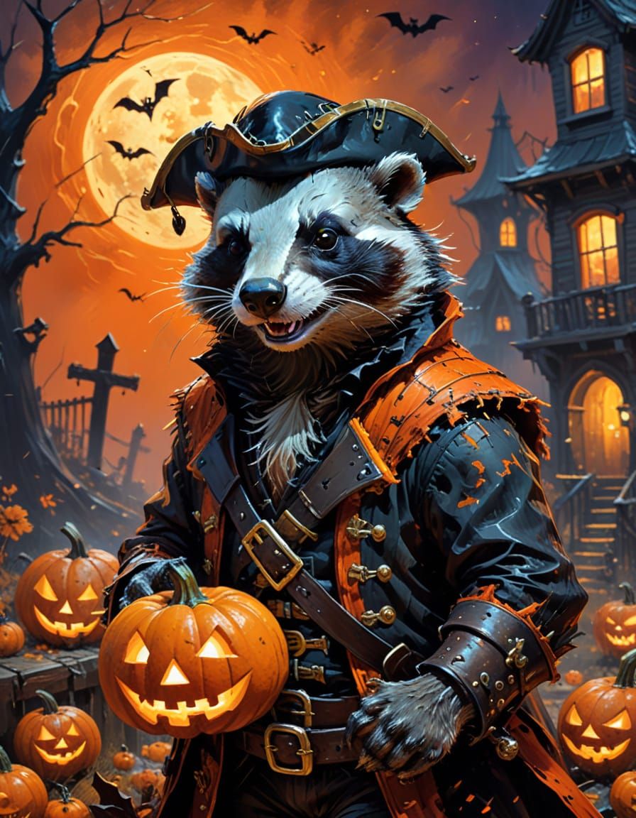 Pirate Badger Trick-or-Treating in Vibrant Oil Painting