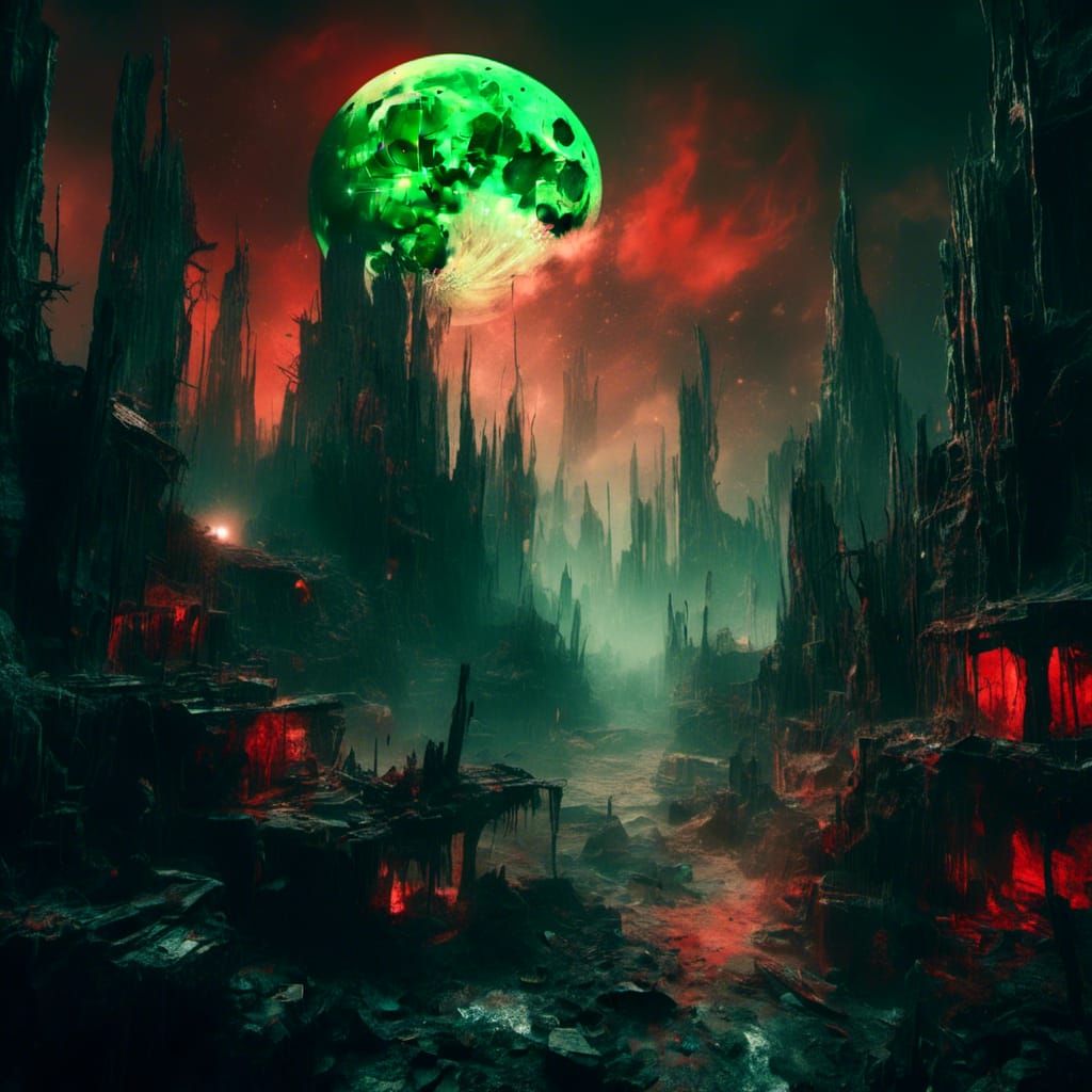Futuristic Cityscape with Macabre Black Moon