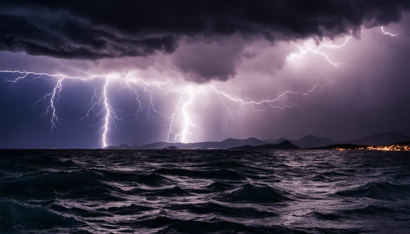 Ocean Lightning Storm with Distant Mountains
