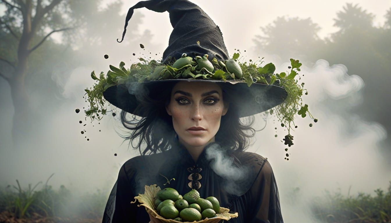 Whimsical Witch Cooking with Frogs in Elaborate Leaf Hat