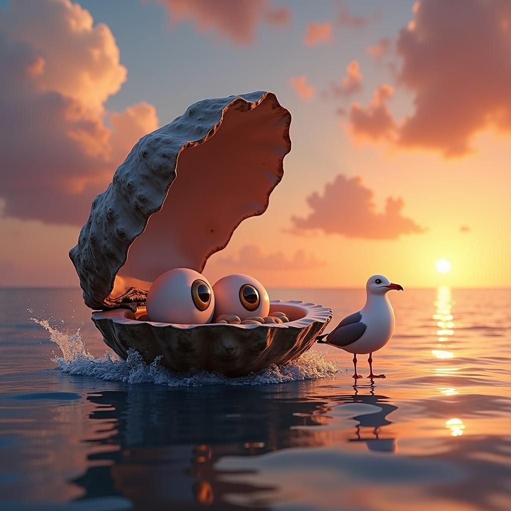Surreal Eyeball Oyster at Sunset, Pixar Style