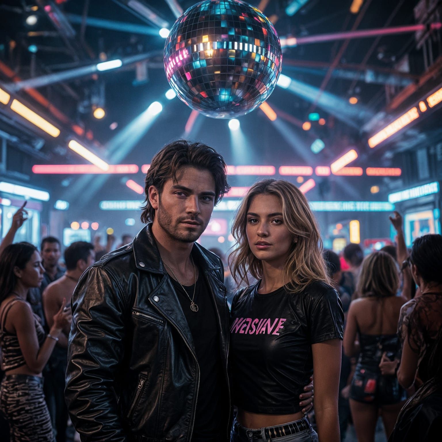 Couple Dancing in Vibrant Neon Discotheque