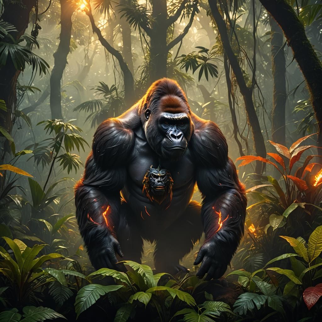 Gorilla-Fire Monster Hybrid in Jungle Habitat