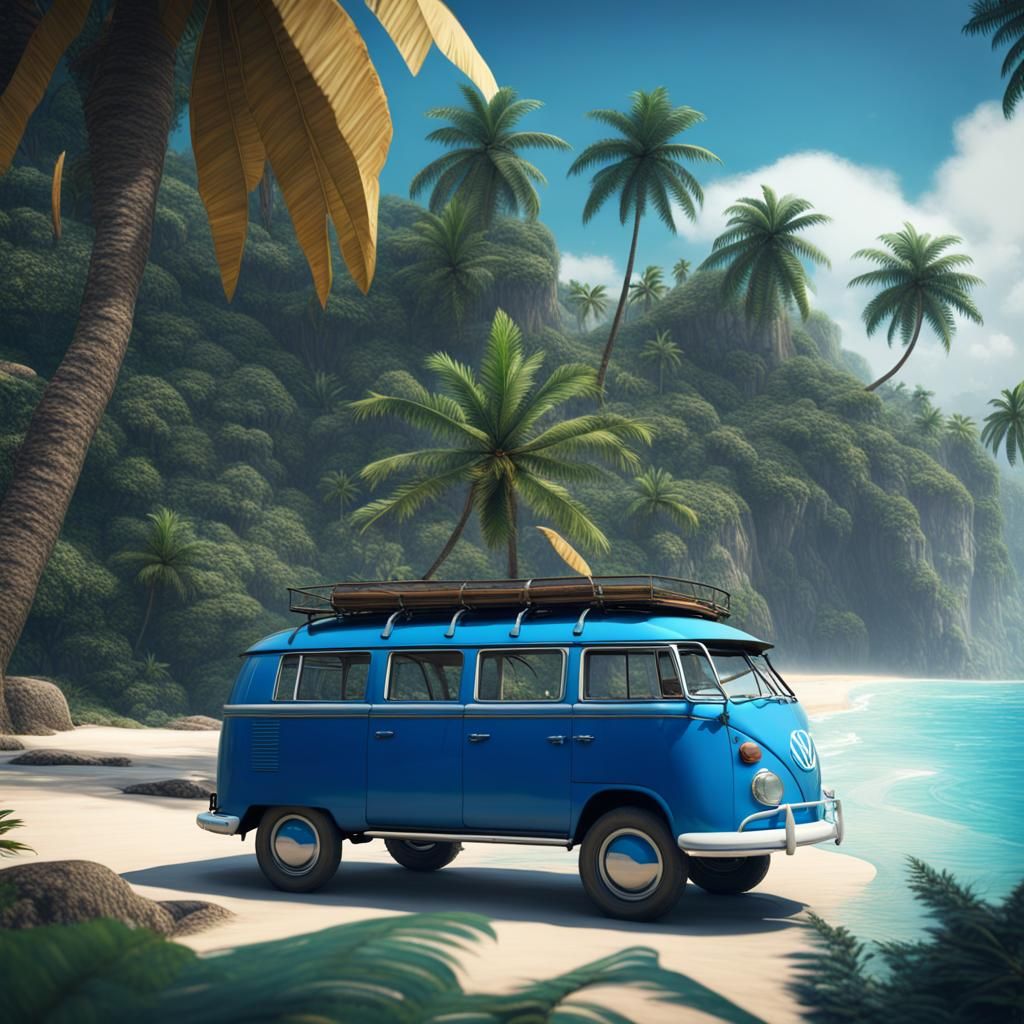 Blue VW Beetle on Tropical Island