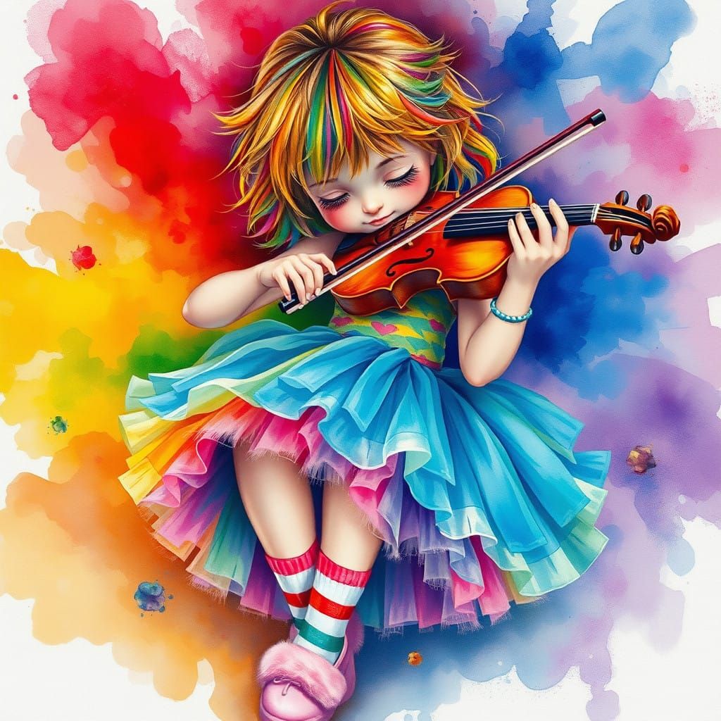 Whimsical Girl Violinist in Rainbow Skirt and Striped Socks