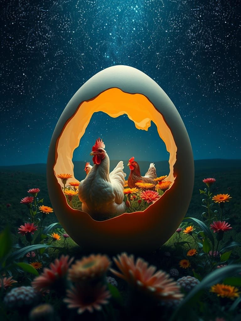 Surreal Garden Scene Inside a Chicken Egg at Night