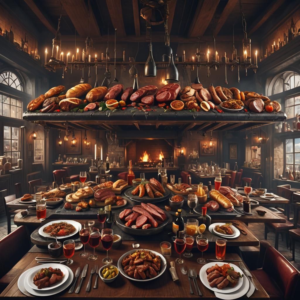 Restaurant Table with Smoky Meats, Fantasy Concept Art