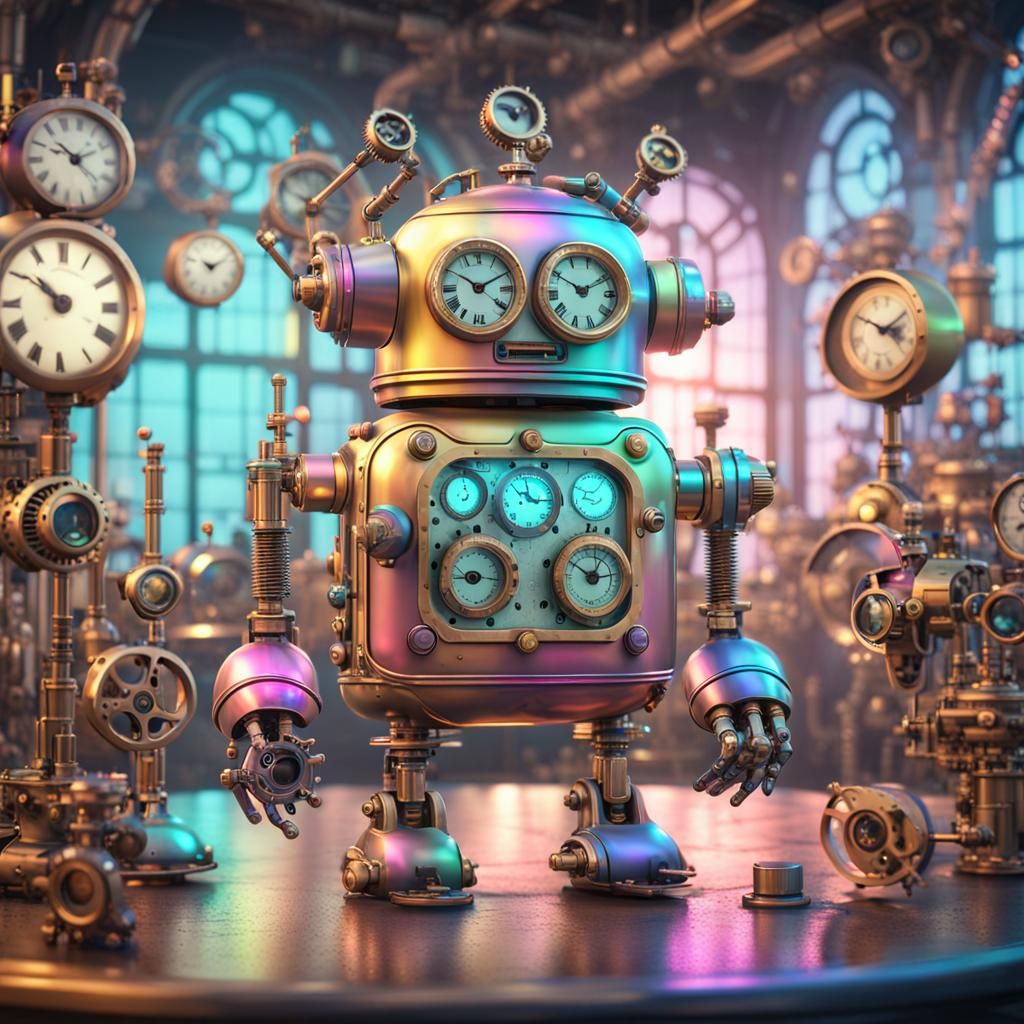 Steampunk Clockwork Robot in Laboratory, Rainbow Hue