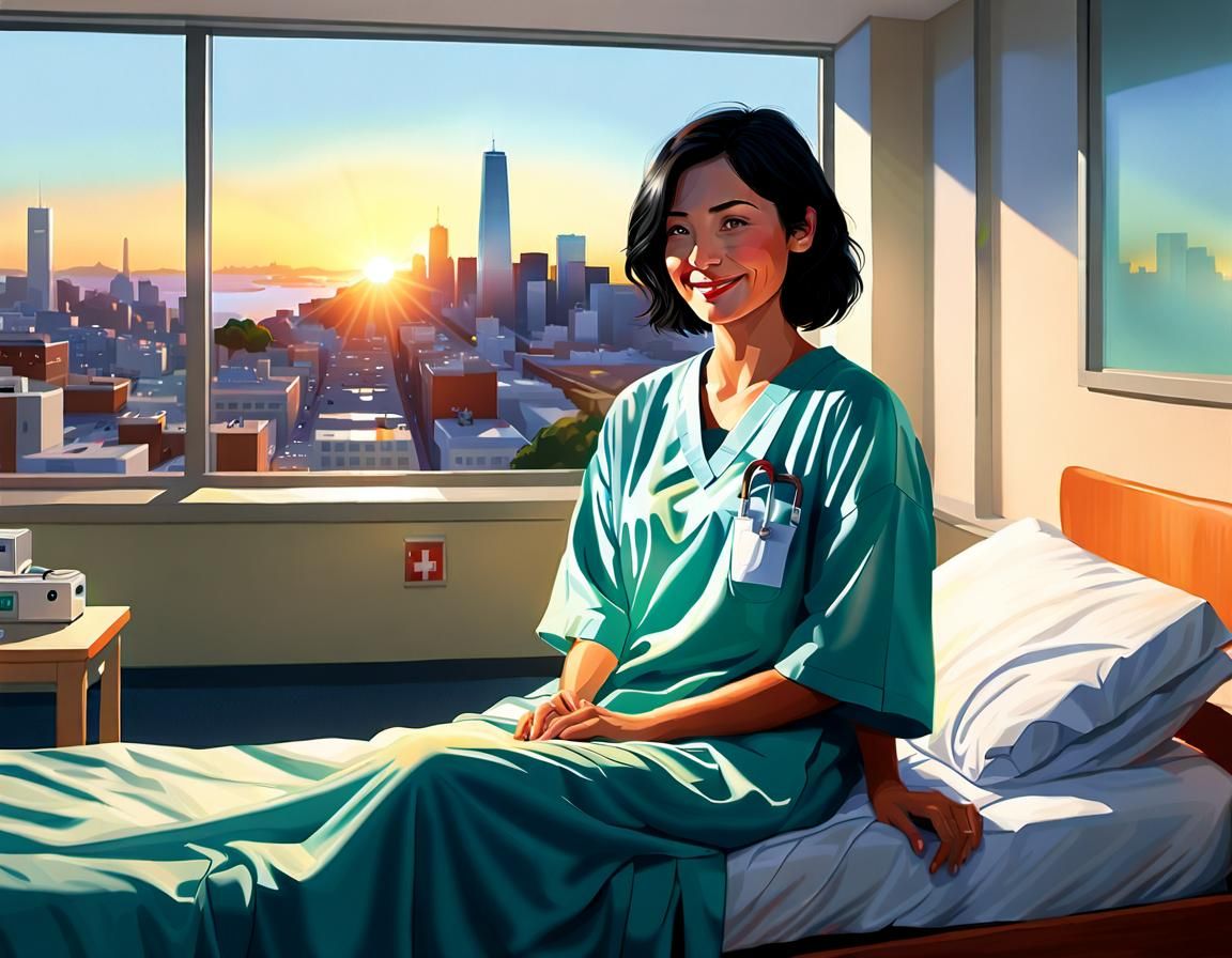 Woman in Hospital Bed Watching Sunset: Digital Art