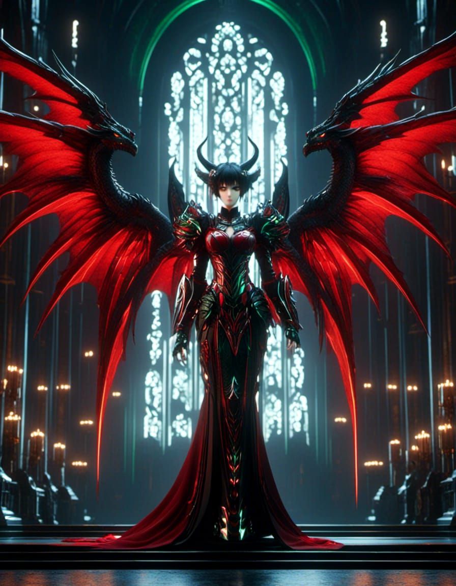 Anime 2D Symmetrical female, dragon winged, horned demon queen, armored, in cathedral, red, black with green 16K Resolut...