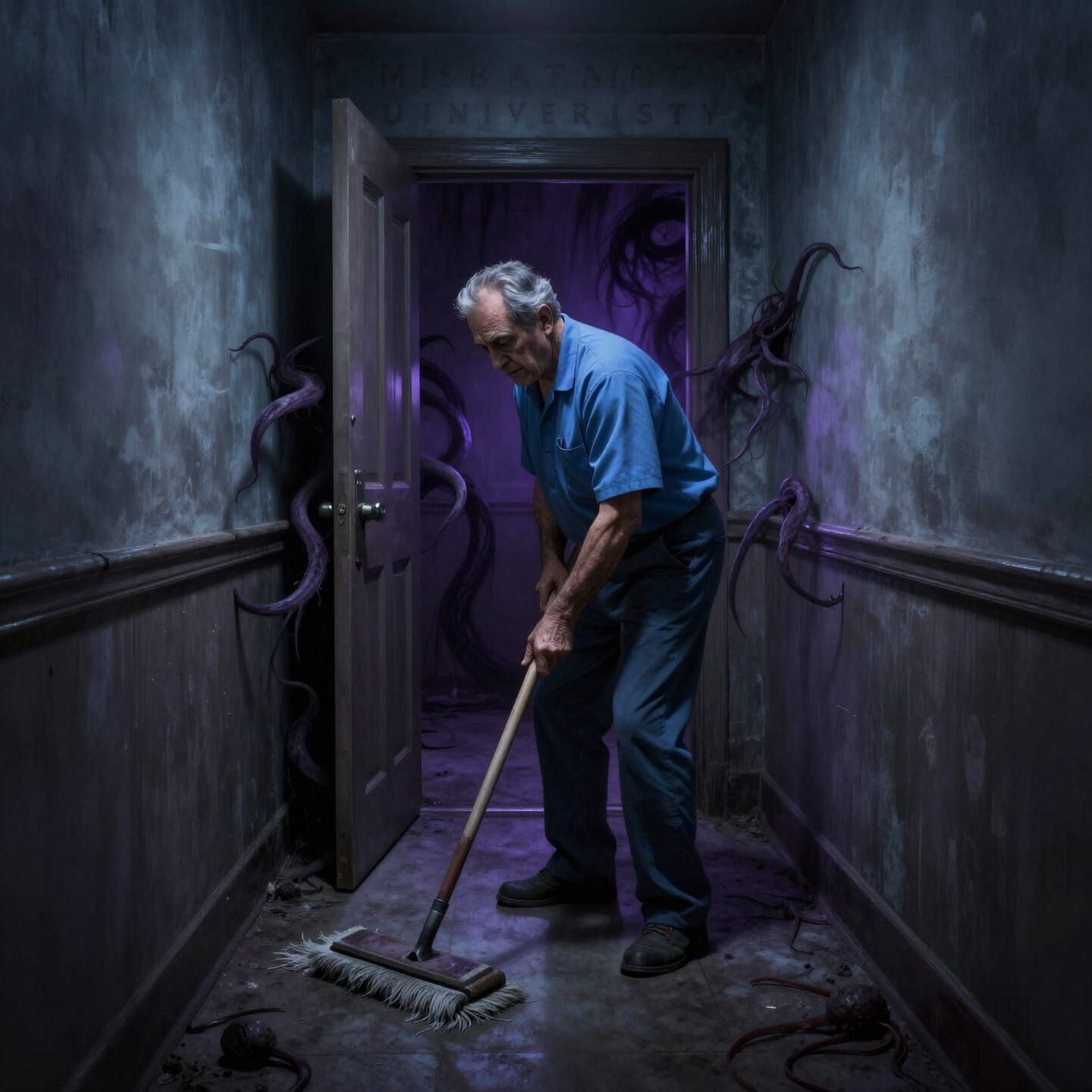 Miskatonic Janitor Mops Hallway Amidst Supernatural Horror