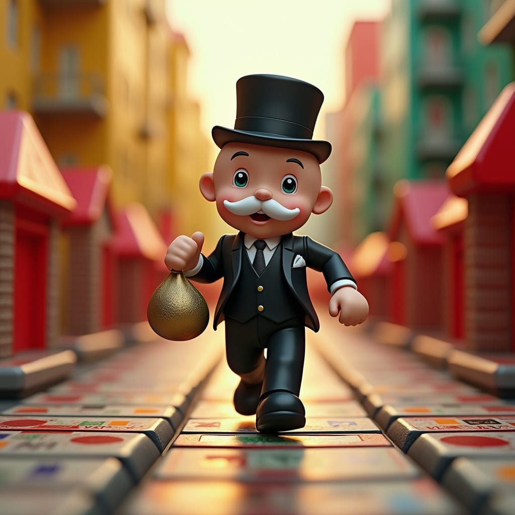 The Monopoly game's Mr. Monopoly man, walking down Park Avenue with Money in Hand.