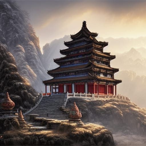 Majestic Chinese Temple in Winter, Digital Painting
