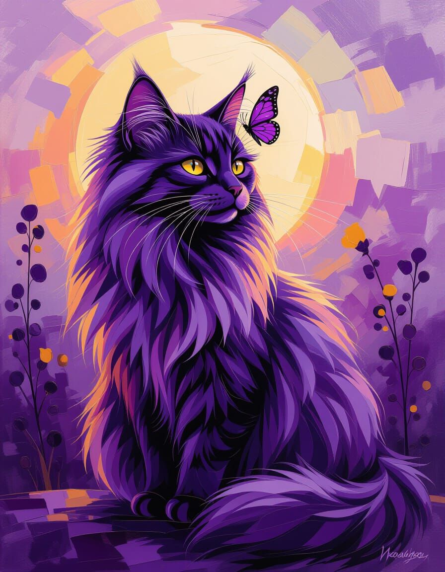 Elegant Purple Cat Painting with Butterfly