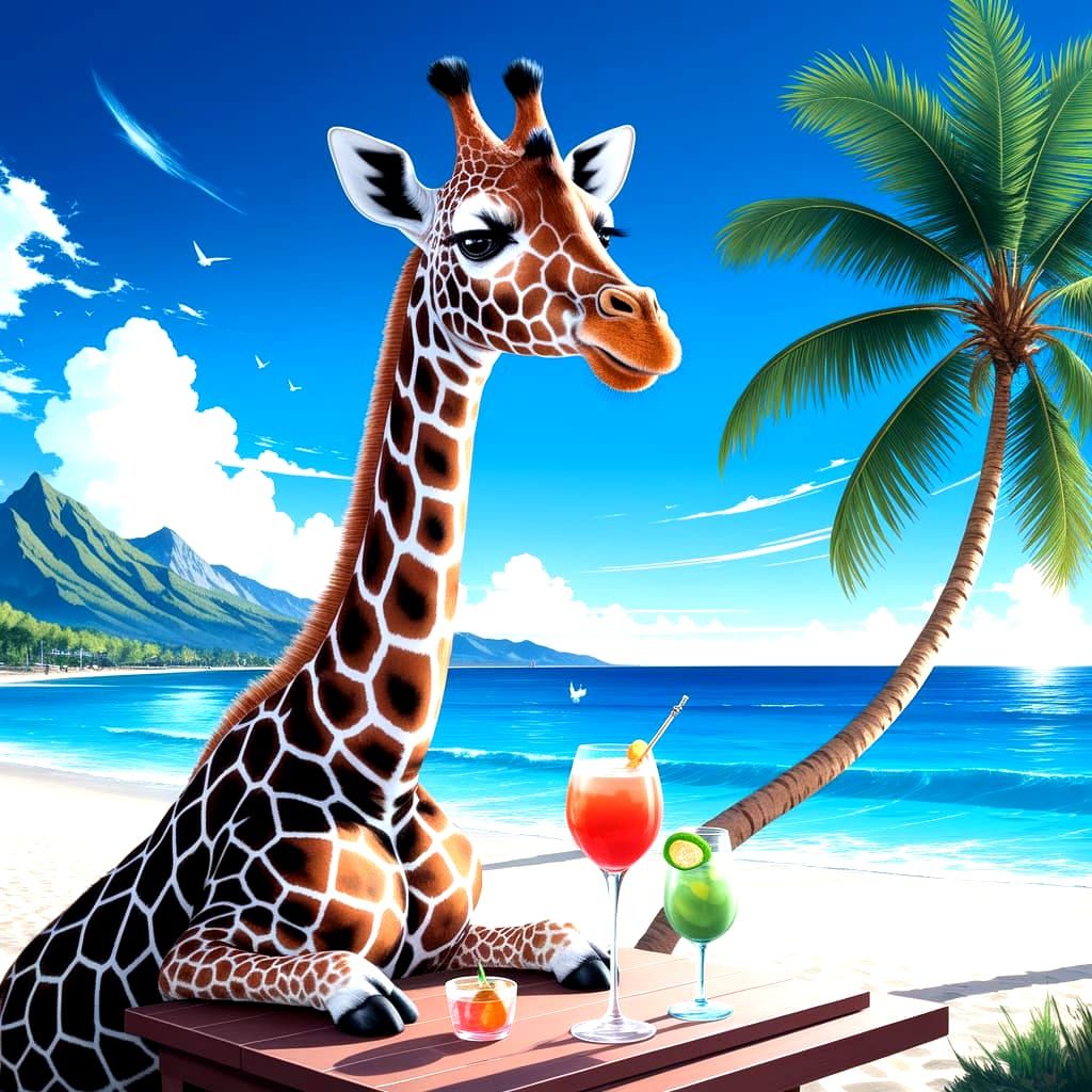 Hyperrealist Giraffe Hierophant Sips Cocktail at Sunset