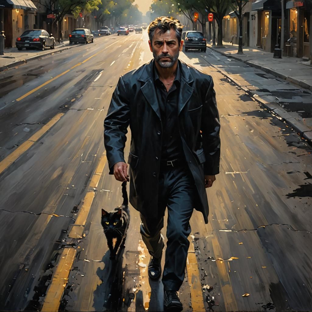 Terrified Man and Black Cat in Oil Painting