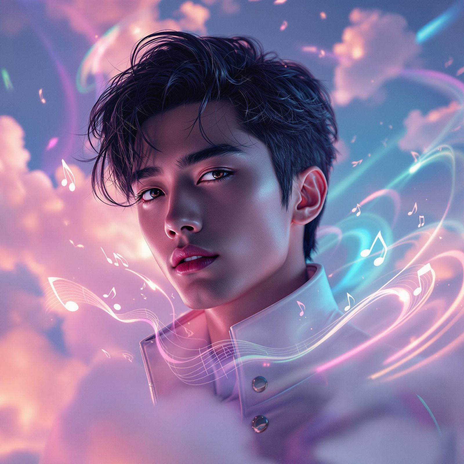 Surreal Portait of a Charismatic Young Man in Neon Dreamscap...