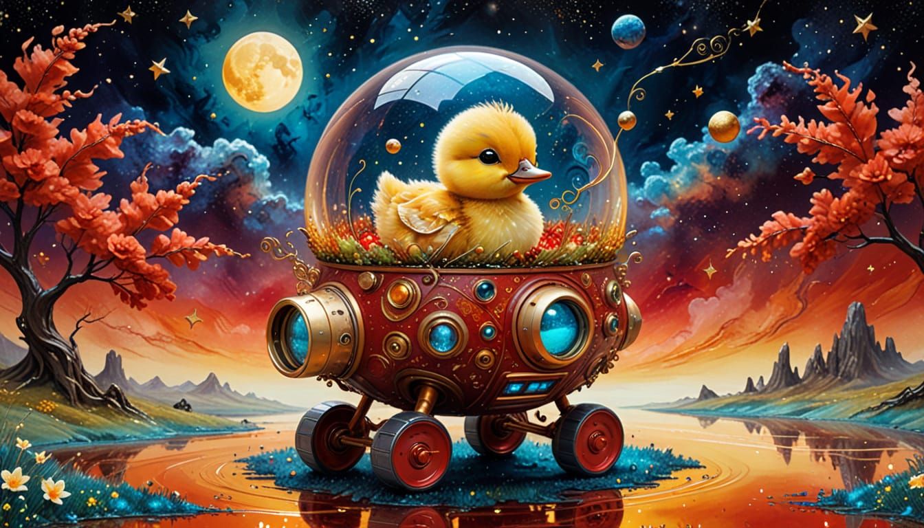 Dreamlike Fairy in Space with Duckling: Surreal Painting