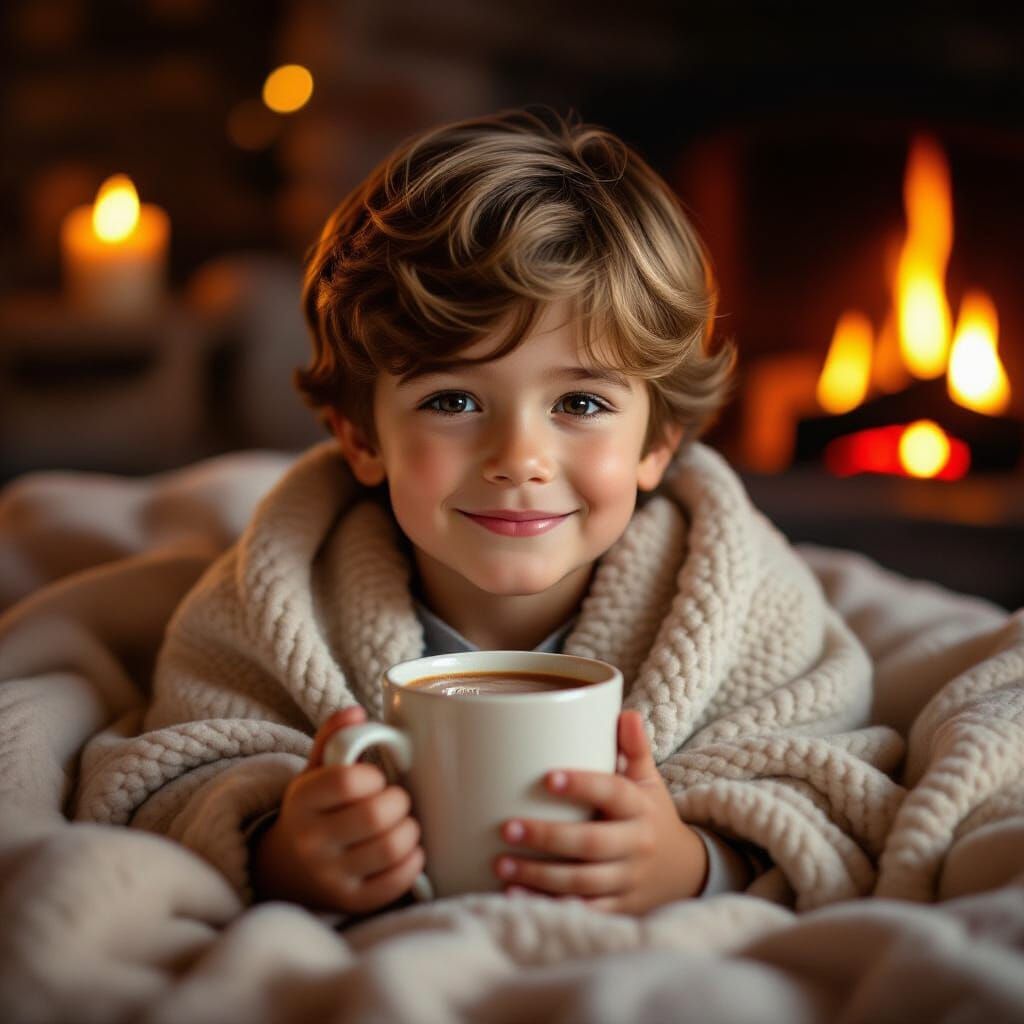 Cozy Boy with Hot Cocoa in Warm Fireplace Glow