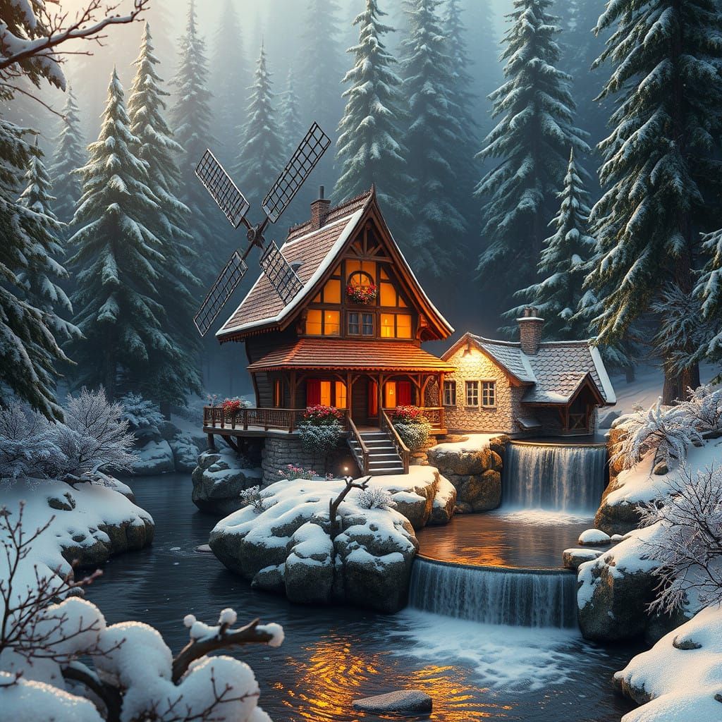 Enchanted Windmill Cottage in a Majestic Snowy Forest