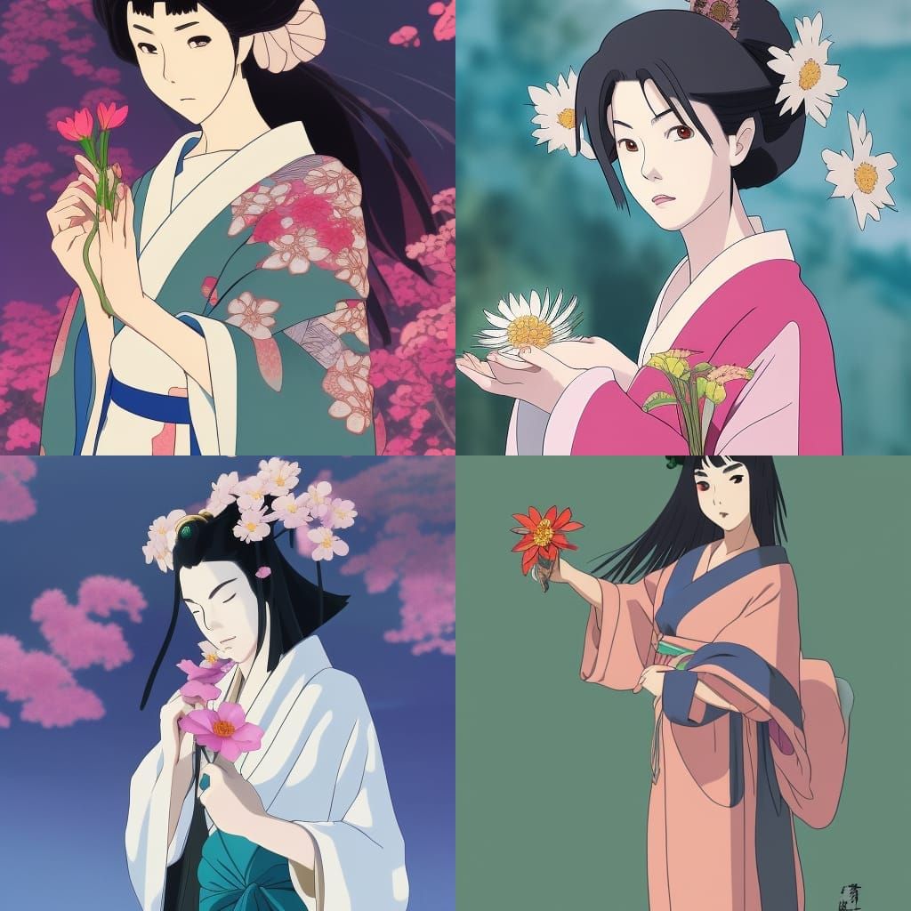 Geisha with Flower in Ghibli Anime Style