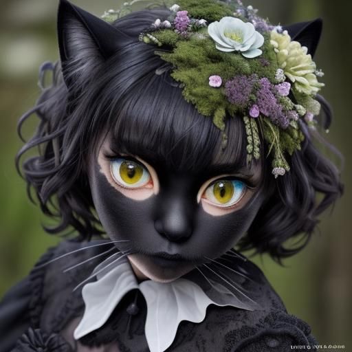 Black Cat Covered in Moss: Macro Photograph