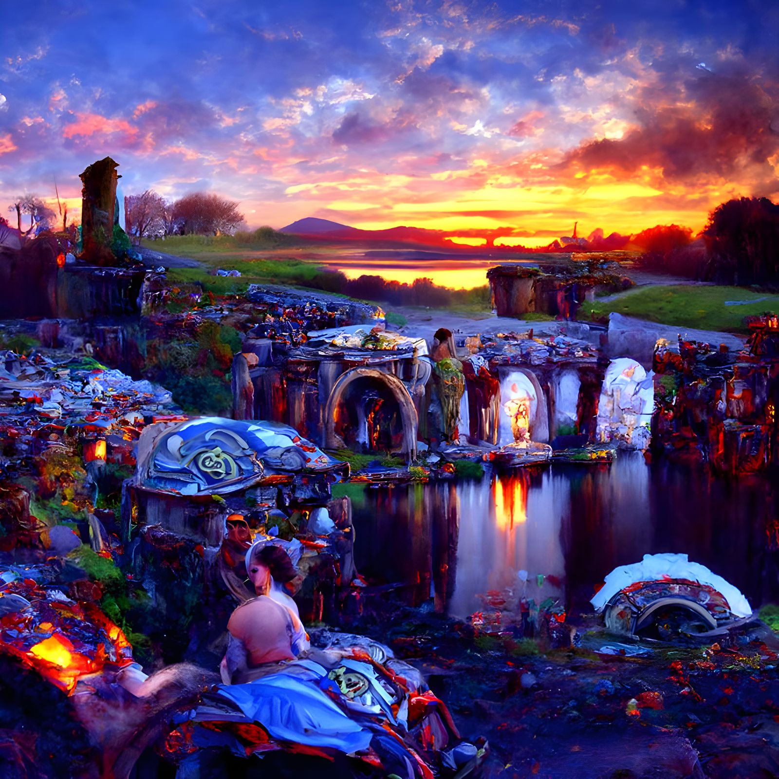 Sunset setting over irish roman ruins lake canals oil painting by James Gurney 8k resolution concept art detailed matte ...