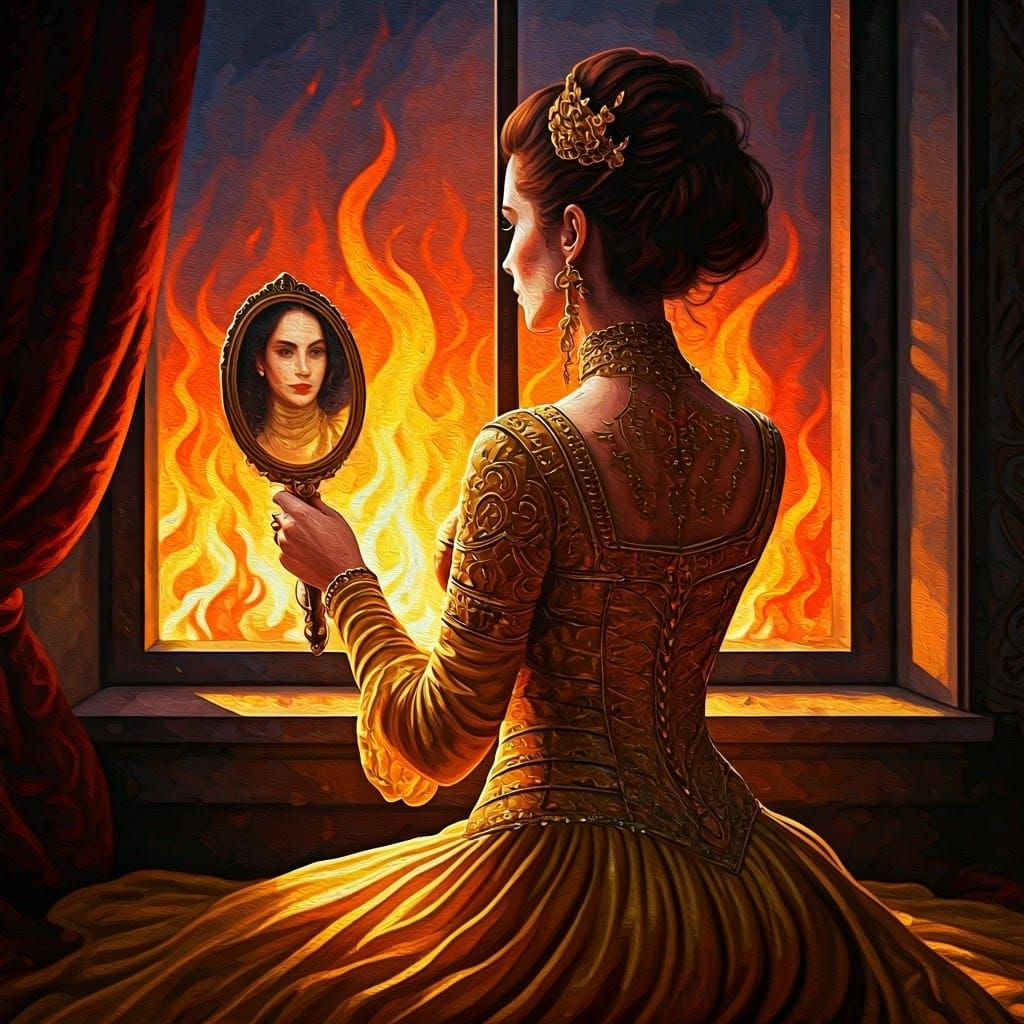 Golden Woman Amidst Inferno in Impasto Gouache Oil Style