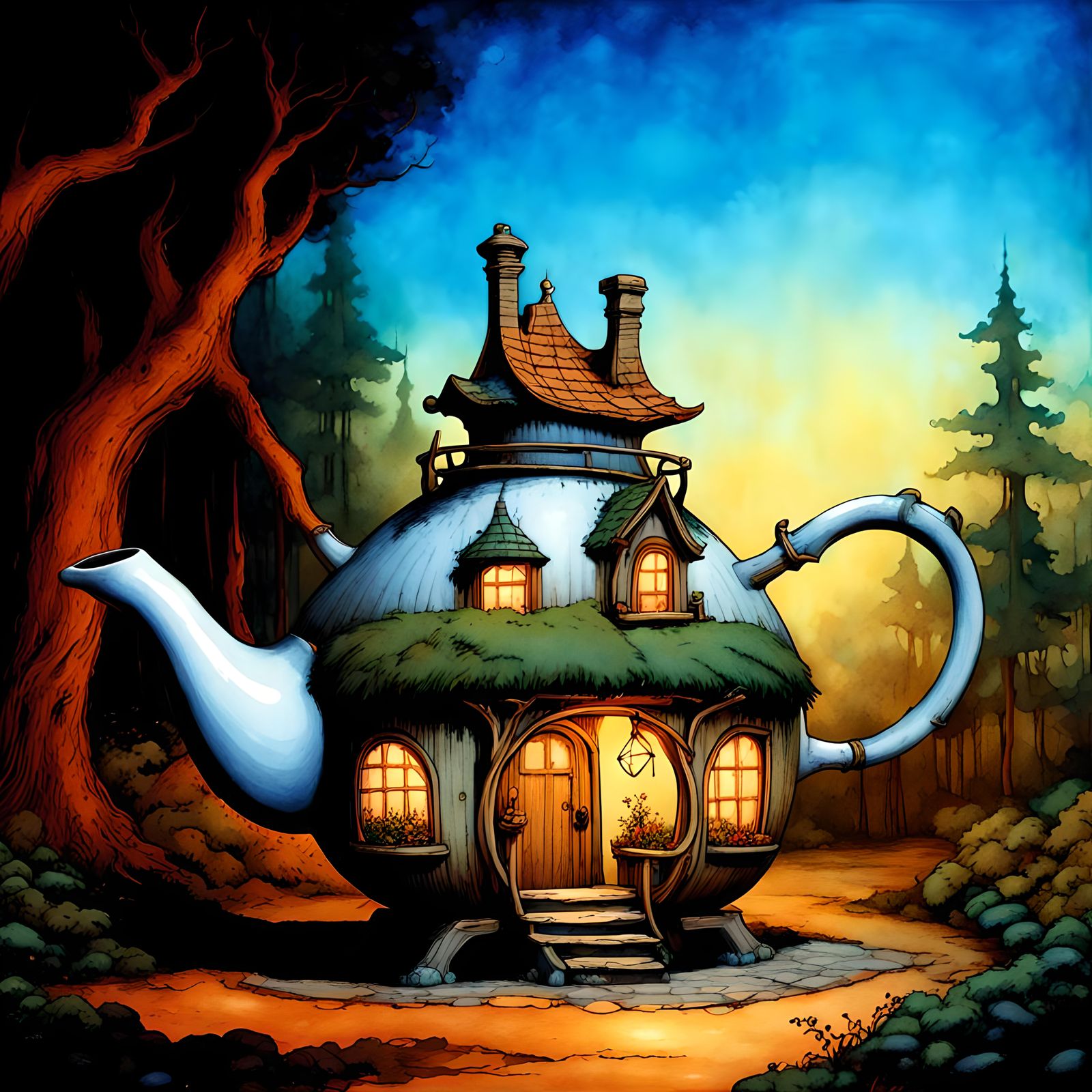 Fantasy teapot-shaped house,  fantasy forest background, by ...