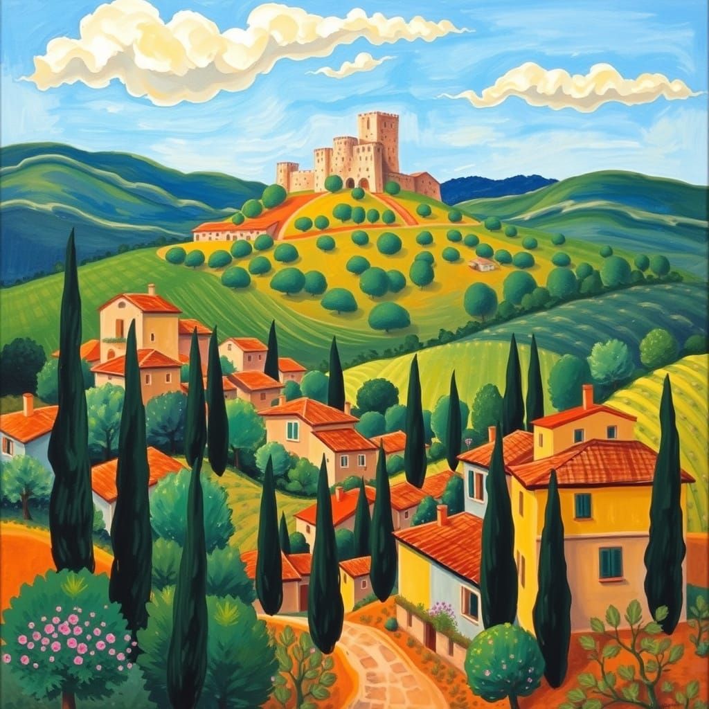 Tuscan Village Painting in Naive Art Style