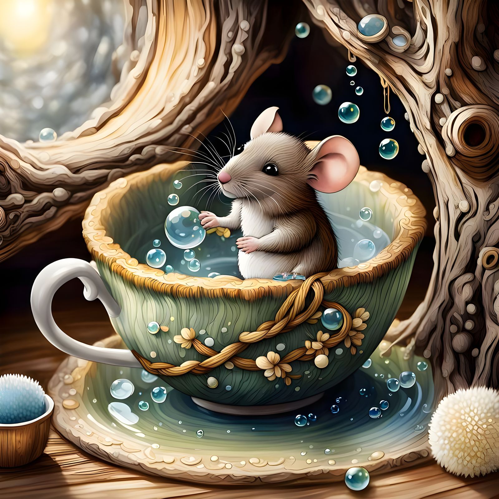 Mouse Bathes in Teacup in Hollow Tree