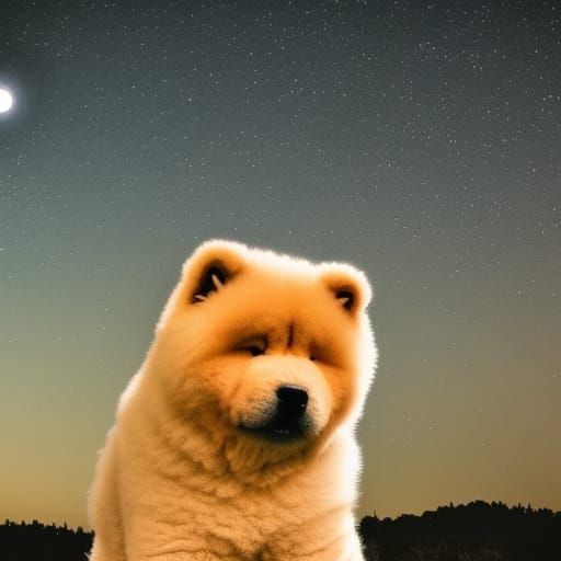 Fluffy Chow Chow Dog Gazing at Moon: Realistic Photo