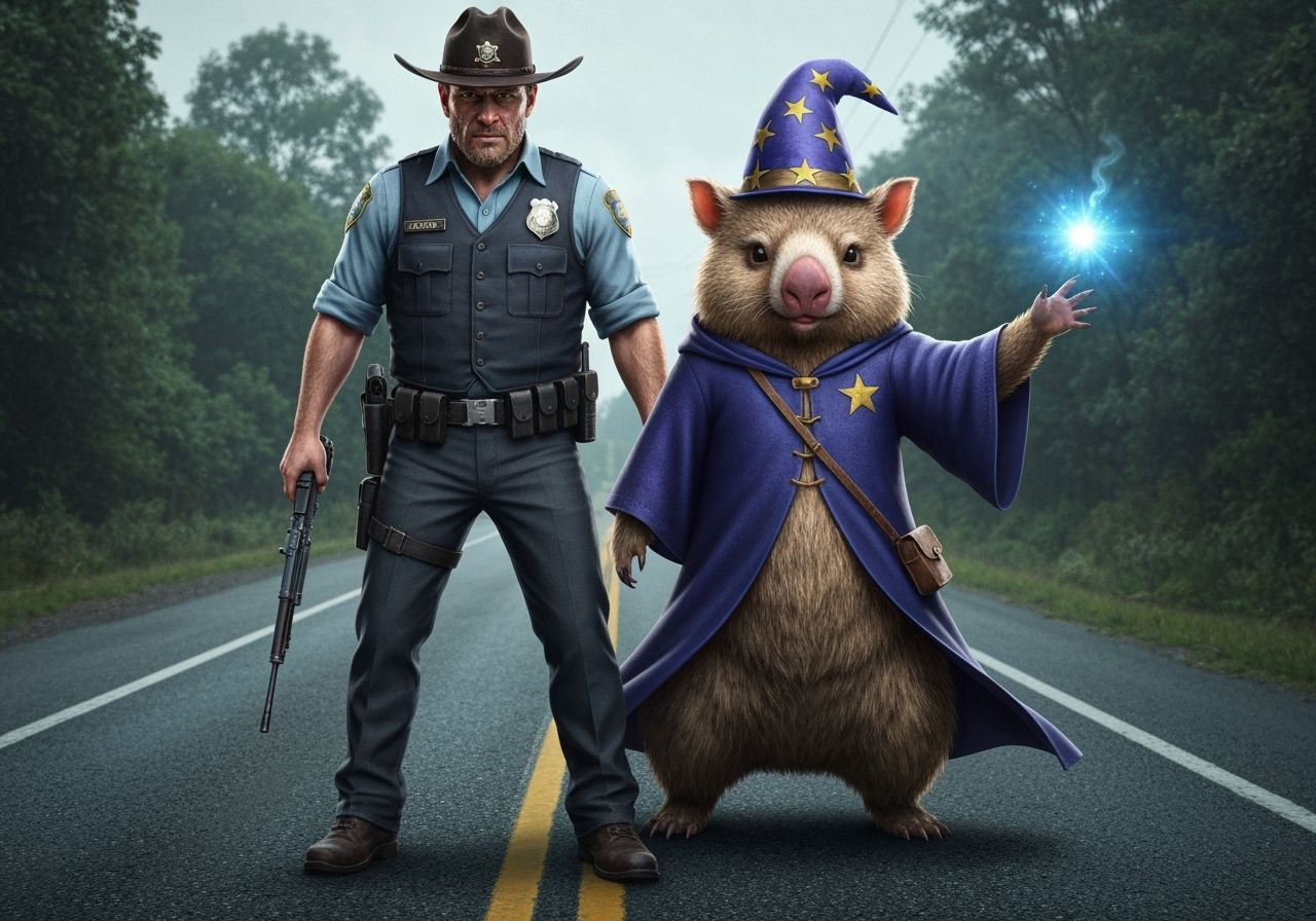 Cowboy Cop and Wombat Wizard Fight Crime Photorealistically