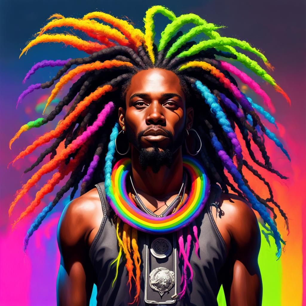 Black man with Rainbow dreadlocks, Dreadlocks neon, colorful hair, dark skin man