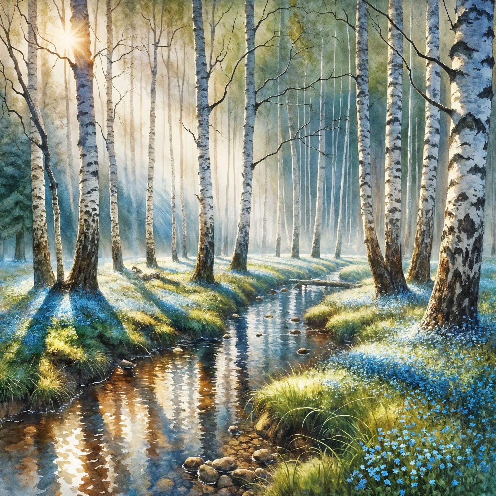 Impressionist Watercolor Birch Forest with Forget-me-nots
