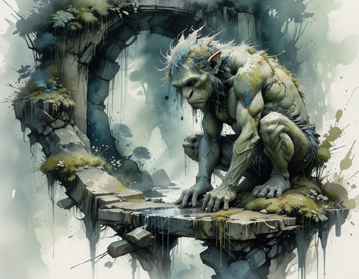 Troll on Stone Bridge in Misty Forest