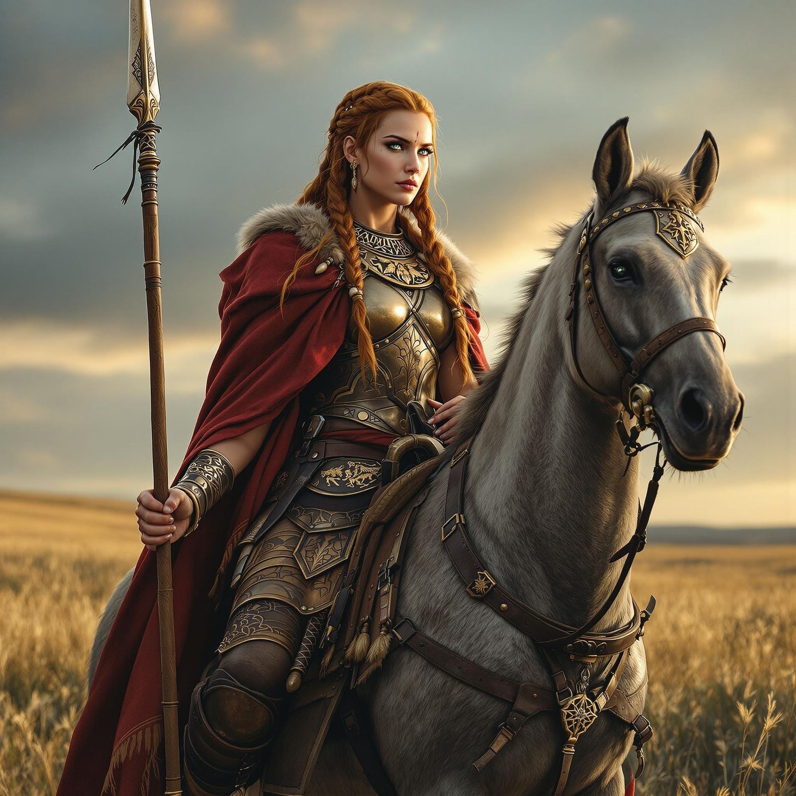 Elegant Sarmatian Amazon Warrior Standing on Steppes