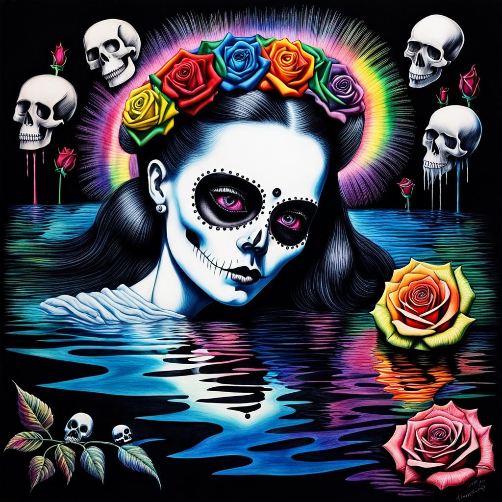 Surreal Crayon Drawing: Goth Woman in Darkness