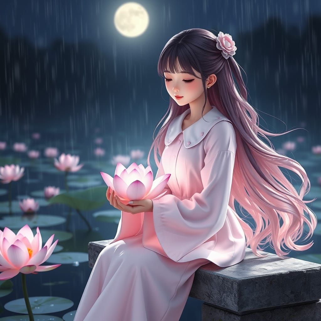 Ethereal Girl with Pink Lotus in Moonlit Night