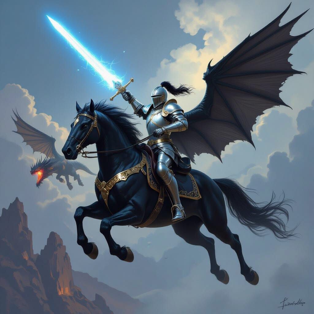 Knight on Pegasus Charging Dragon in Fantasy Art Style