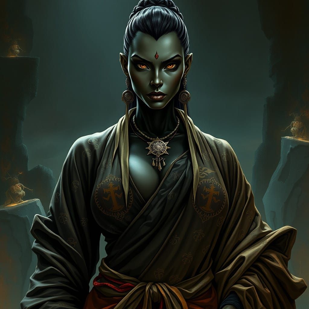 Ebony Female Monk in Dark Mystical Atmosphere