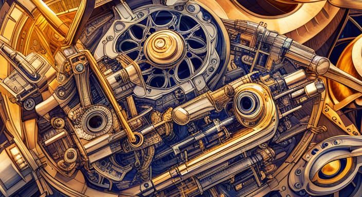 Intricate Engine Blueprint in Analogous Colors