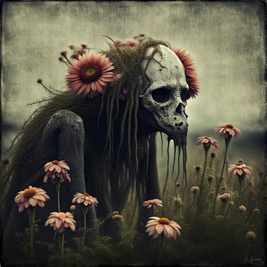 A Creature Amidst Forgotten Flowers in a Melancholy Landscap...